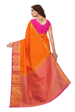Women's Tusser Silk Kanjivaram Orange  Saree With Blouse
