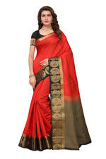 Women's Tusser Silk Kanjivaram Red  Saree With Blouse