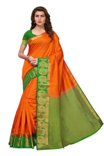 Women's Tusser Silk Kanjivaram Oramge Saree With Blouse