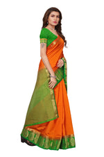 Women's Tusser Silk Kanjivaram Oramge Saree With Blouse