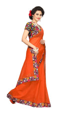 Chanderi Cotton Kalamkari  Bordered Orange Saree With Kalamkari Blouse