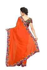 Chanderi Cotton Kalamkari  Bordered Orange Saree With Kalamkari Blouse