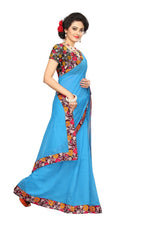 Chanderi Cotton Kalamkari  Bordered Sky Blue Saree With Kalamkari Blouse