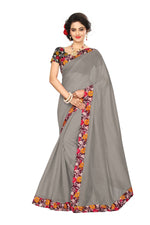 Chanderi Cotton Kalamkari  Bordered Grey Saree With Kalamkari Blouse