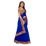 Chanderi Cotton Kalamkari  Bordered Blue Saree With Kalamkari Blouse
