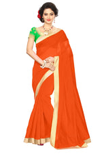 Chanderi Cotton Kalamkari  Bordered  orange Saree With Kalamkari Blouse