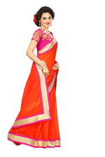 Chanderi Cotton Kalamkari  Bordered Orange Saree With Kalamkari Blouse