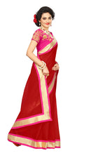 Chanderi Cotton Kalamkari  Bordered RED Saree With Kalamkari Blouse