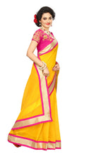 Chanderi Cotton Kalamkari  Bordered Yellow Saree With Kalamkari Blouse