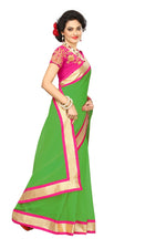 Chanderi Cotton Kalamkari  Bordered Green Saree With Kalamkari Blouse