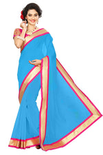 Chanderi Cotton Kalamkari  Bordered Sky Blue Saree With Kalamkari Blouse