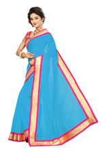 Chanderi Cotton Kalamkari  Bordered Sky Blue Saree With Kalamkari Blouse