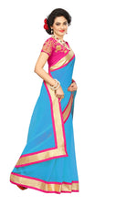 Chanderi Cotton Kalamkari  Bordered Sky Blue Saree With Kalamkari Blouse