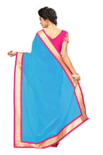 Chanderi Cotton Kalamkari  Bordered Sky Blue Saree With Kalamkari Blouse