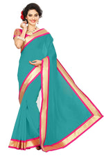 Chanderi Cotton Kalamkari  Bordered Rama Saree With Kalamkari Blouse