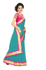 Chanderi Cotton Kalamkari  Bordered Rama Saree With Kalamkari Blouse