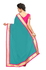 Chanderi Cotton Kalamkari  Bordered Rama Saree With Kalamkari Blouse