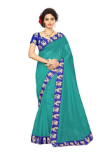 Chanderi Cotton Kalamkari  Bordered Rama Saree With Kalamkari Blouse