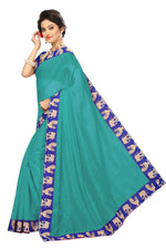 Chanderi Cotton Kalamkari  Bordered Rama Saree With Kalamkari Blouse