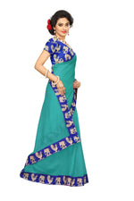 Chanderi Cotton Kalamkari  Bordered Rama Saree With Kalamkari Blouse