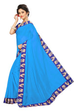 Chanderi Cotton Kalamkari  Bordered Sky Blue Saree With Kalamkari Blouse