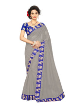 Chanderi Cotton Kalamkari  Bordered Grey Saree With Kalamkari Blouse