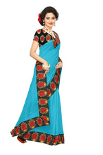 Chanderi Cotton Kalamkari  Bordered Sky Blue Saree With Kalamkari Blouse