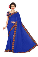 Chanderi Cotton Kalamkari  Bordered Blue Saree With Kalamkari Blouse