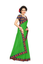Chanderi Cotton Kalamkari  Bordered Green  Saree With Kalamkari Blouse