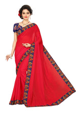 Chanderi Cotton Kalamkari  Bordered  Red Saree With Kalamkari Blouse