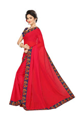 Chanderi Cotton Kalamkari  Bordered  Red Saree With Kalamkari Blouse