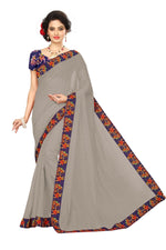 Chanderi Cotton Kalamkari  Bordered Grey Saree With Kalamkari Blouse