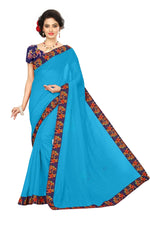 Chanderi Cotton Kalamkari  Bordered Sky Blue Saree With Kalamkari Blouse