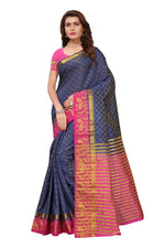 Women's Tusser Silk Kanjivaram Nevy Blue Saree With Blouse
