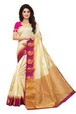 Women's Tusser Silk Kanjivaram White Saree With Blouse