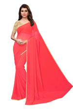 Womens Gajari Color Georgette Saree With Plain With Lace Work