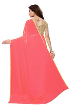 Womens Gajari Color Georgette Saree With Plain With Lace Work