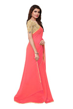 Womens Gajari Color Georgette Saree With Plain With Lace Work