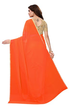 Womens Orange Color Georgette Saree With Plain With Lace Work