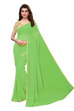 Womens Parrot Color Georgette Saree With Plain With Lace Work