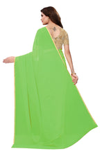Womens Parrot Color Georgette Saree With Plain With Lace Work