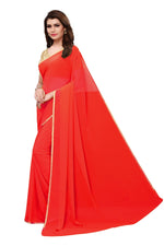 Womens Red Color Georgette Saree With Plain With Lace Work