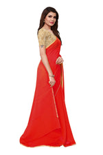 Womens Red Color Georgette Saree With Plain With Lace Work