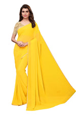 Womens Yellow Color Georgette Saree With Plain With Lace Work