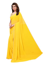 Womens Yellow Color Georgette Saree With Plain With Lace Work
