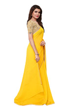Womens Yellow Color Georgette Saree With Plain With Lace Work