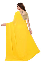 Womens Yellow Color Georgette Saree With Plain With Lace Work
