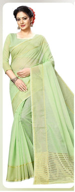 WOMENS PISTA COLOR SUPERNET FABRIC SAREE WITH RUNNING BLOUSE