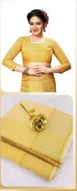 WOMENS YELLOW COLOR SUPERNET FABRIC SAREE WITH RUNNING BLOUSE