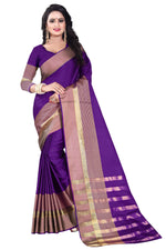 Womens Purple Color Cotton Silk Saree With Plain With Jari Border Work
